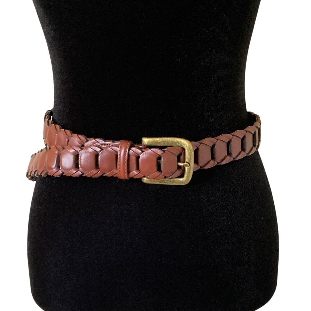 Mens Braided Brown Leather Belt Made in Argentina Size 36 Brushed Brass Tone